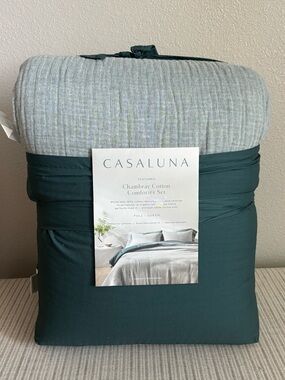 NWT Full/Queen Textured Chambray Comtorter & Sham Set Dark Teal Blue - Casaluna